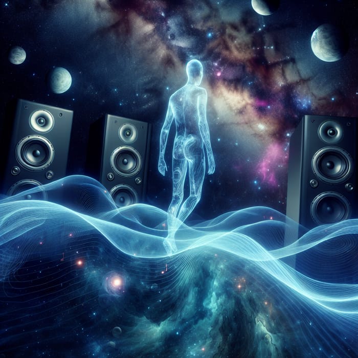 Ethereal Human Body Floating in Cosmic Sound Waves