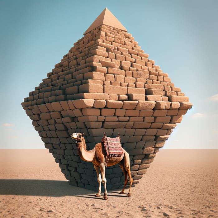 Upside-Down Stone Pyramid with Camel Atop | Desert Landscape