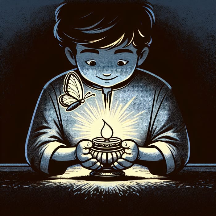 Heartwarming Cartoon: Young Boy with Glowing Lamp & Butterfly