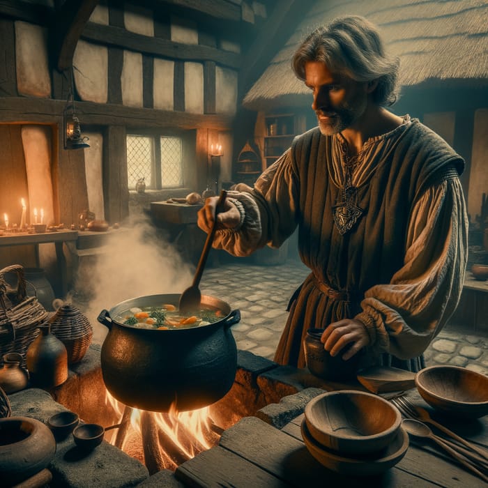Medieval Soup-Making Scene: Meticulous Preparation in Historic Setting