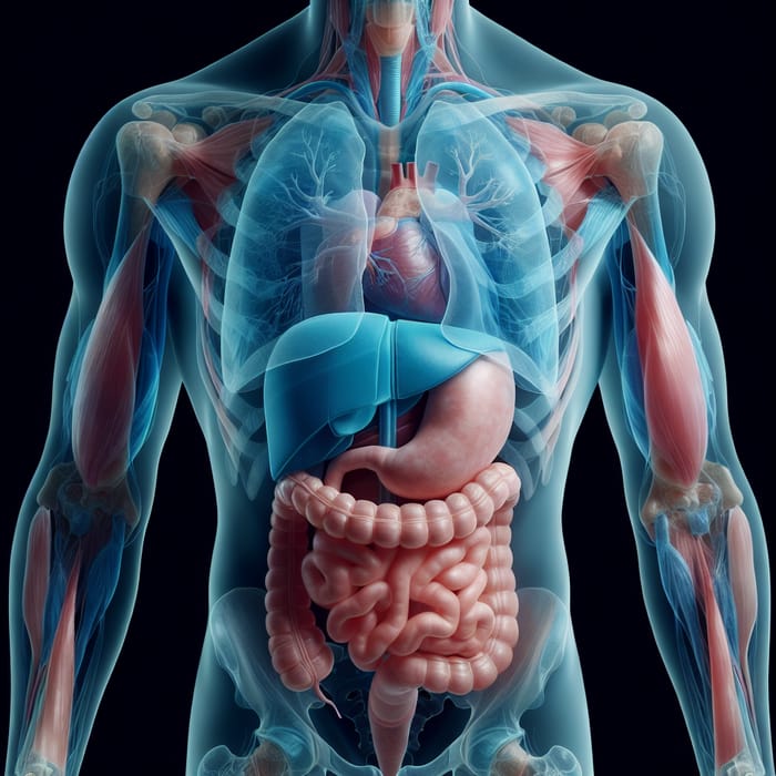 Transparent Anatomical Rendering of Male Torso Organs in Blue and Pink