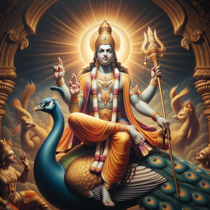 Lord Subramanya Seated on Peacock | Vibrant Brilliance & Divine Spear