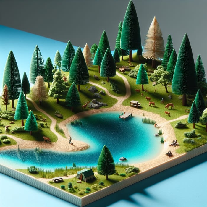 Miniature 3D Nature Scene with Trees, Lake, and Wildlife