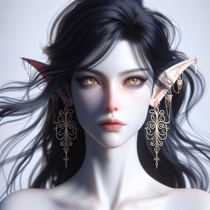 Captivating Ethereal Androgynous Elf Portrait - Enchanting Golden-Eyed Pale Elf with Flowing Black Hair