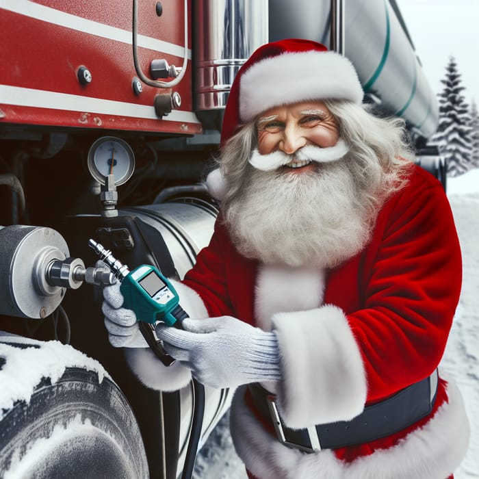 Santa Claus Installing Fuel Level Sensor in Truck