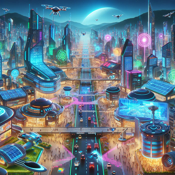 Vibrant Futuristic Cityscape with Technology & Game Design