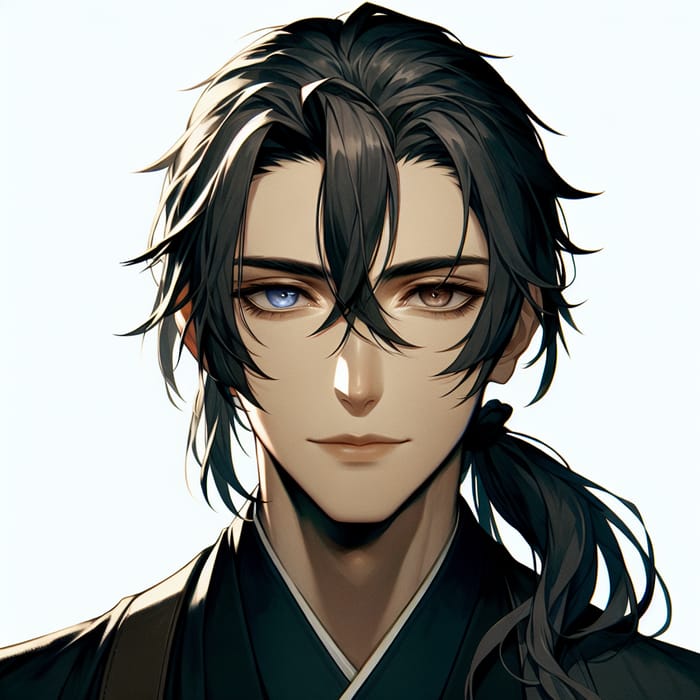 Mysterious Young Man with Dark Hair and Heterochromia in Dark Attire