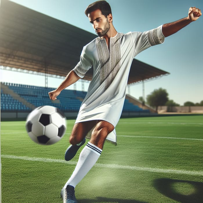 Middle-Eastern Male Soccer Player Kicking Ball on Lush Green Field