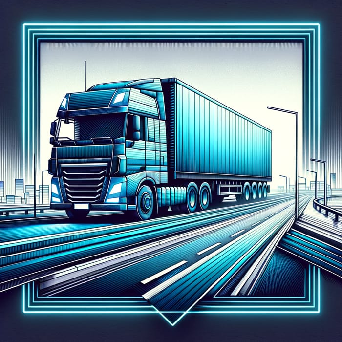 Blue Neon Truck with Trailer on Highway - Geometric Visuals