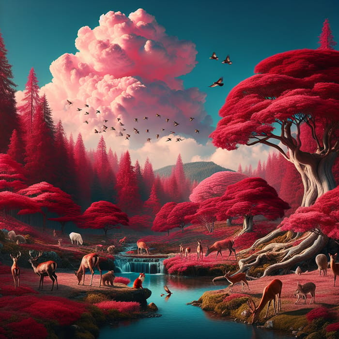 Wild Animals in Utopian Wildlife Scene: Nature, Blue Sky, Red Trees