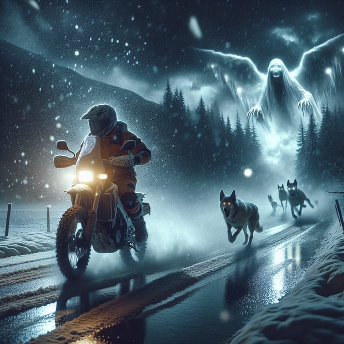 Ghostly Night Chase: Motorcyclist vs Dogs in Winter Storm
