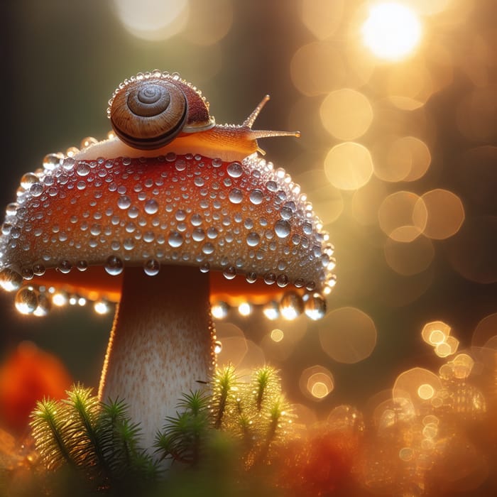 Golden Light Macro Shot of Snail on Boletus Mushroom with Morning Dew
