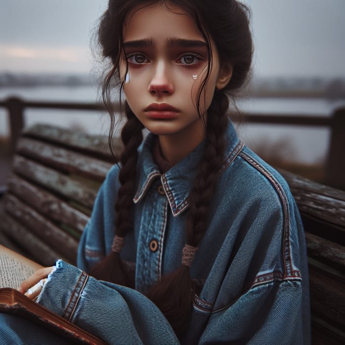 Sad Girl Reading Book Outdoors