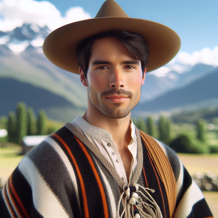 Proud Chilean Man in Traditional Clothing with Andes Mountains