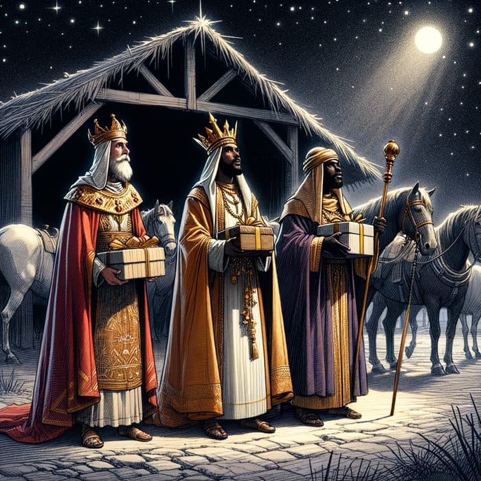 Three Wise Men Bearing Gifts | Nativity Scene Illustration