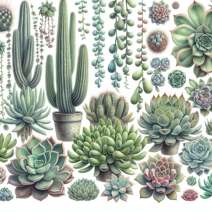 Detailed Watercolor Painting of Succulent Plants
