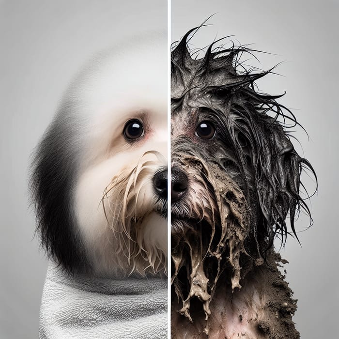 Clean vs Dirty: Striking Visual Contrast of Dog's Grooming