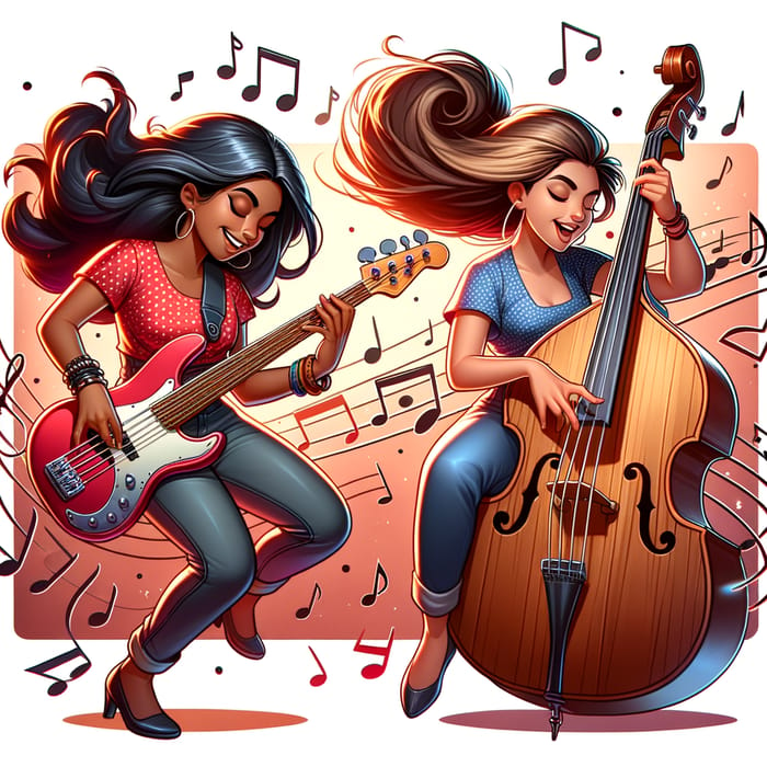 Cartoon Women Playing Electric and Upright Bass