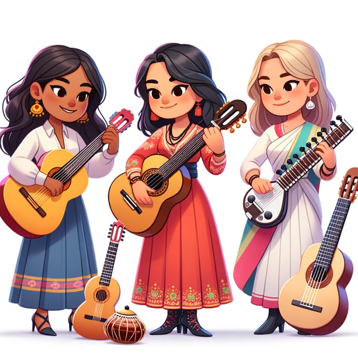 Cartoon Women - Diverse Mini Characters Playing Guitars
