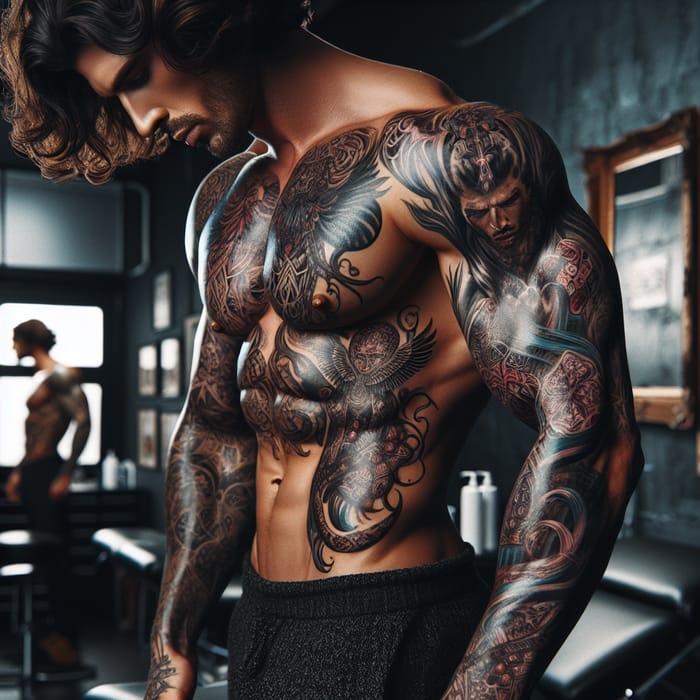 Realistic Shirtless Caucasian Man with Intricate Tattoos