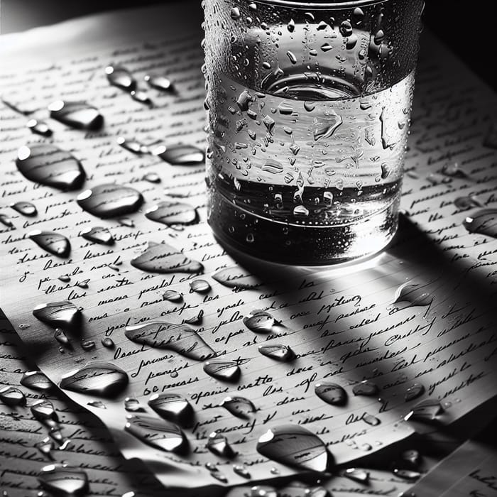 Capturing Dramatic Textures and Reflections in Black and White Photo of Water and Notes
