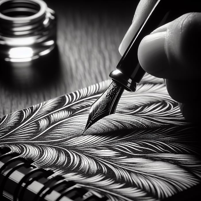 Intricate Fountain Pen Writing: Dramatic Black & White Photography