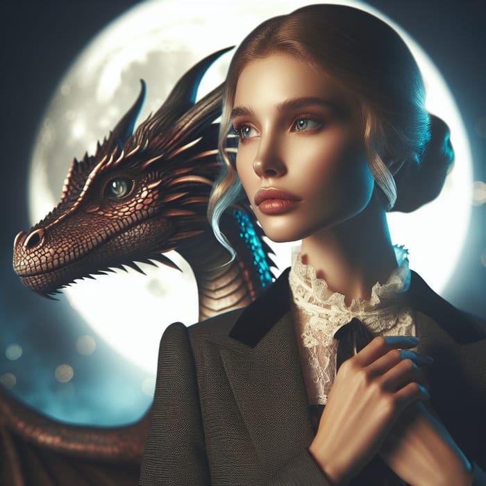 Elegance and Wisdom: Lady and Scholarly Dragon Beneath Moonlight