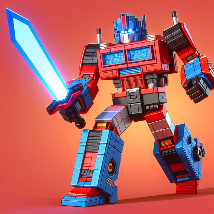 Gigantic Red and Blue Robot Wielding Glowing Sword - Retro 80s Toy Design