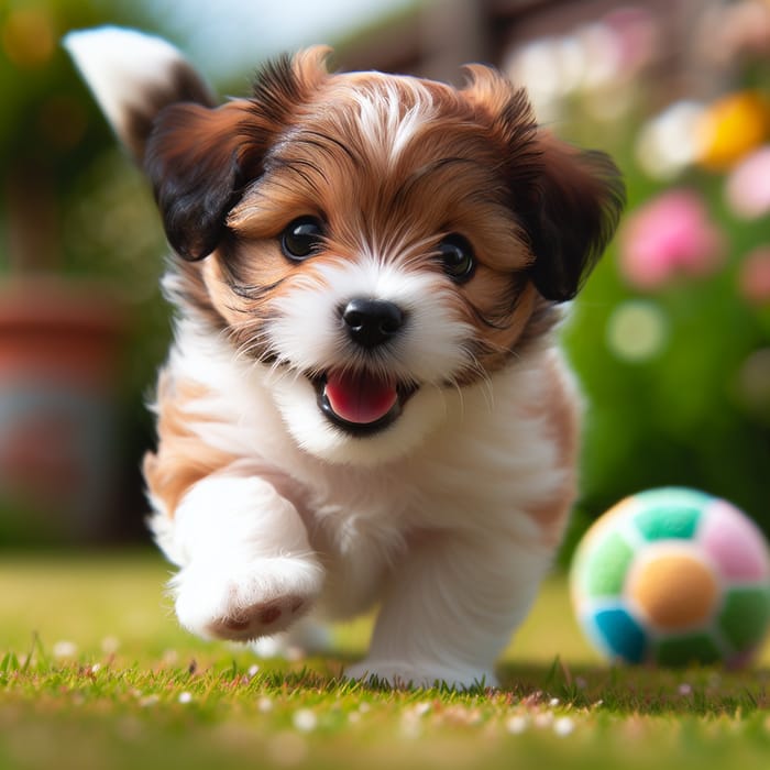 Adorable and Energetic Puppy in a Blooming Garden