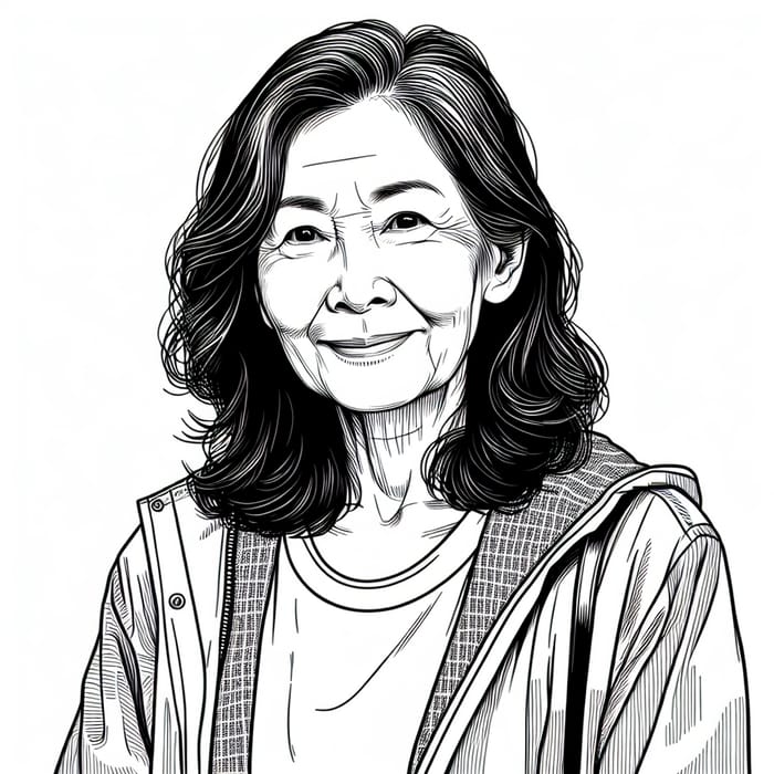 Charming Black and White Drawing of a 60-Year-Old Woman