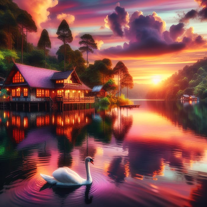 Serene Lake Sunset with Wooden Cabin and Graceful Swan