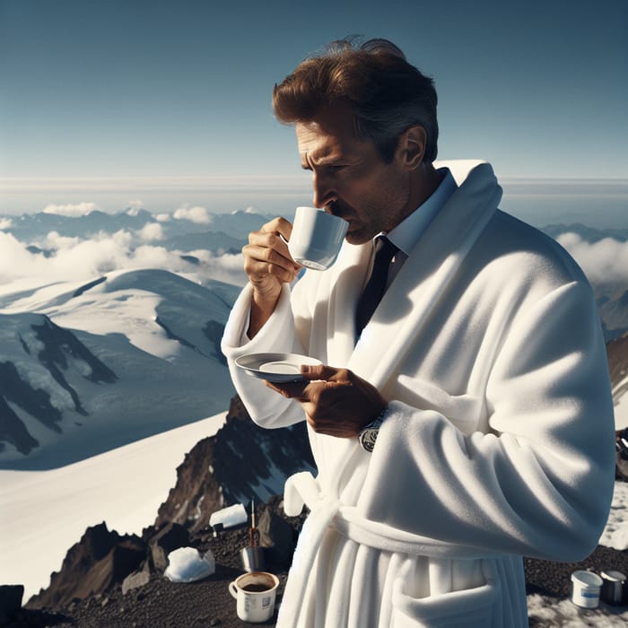 Businessman in White Housecoat on Mount Elbrus Drinking Coffee