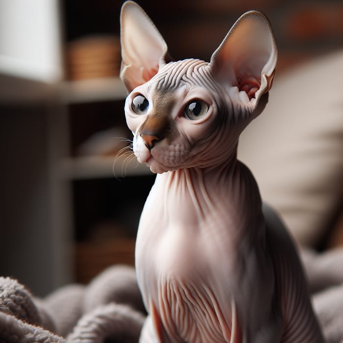 Adorable Hairless Cat Sitting Comfortably in Cozy Environment