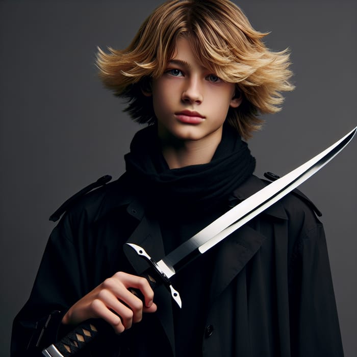 Young Heir of Killer Clan in Black Coat with Blade