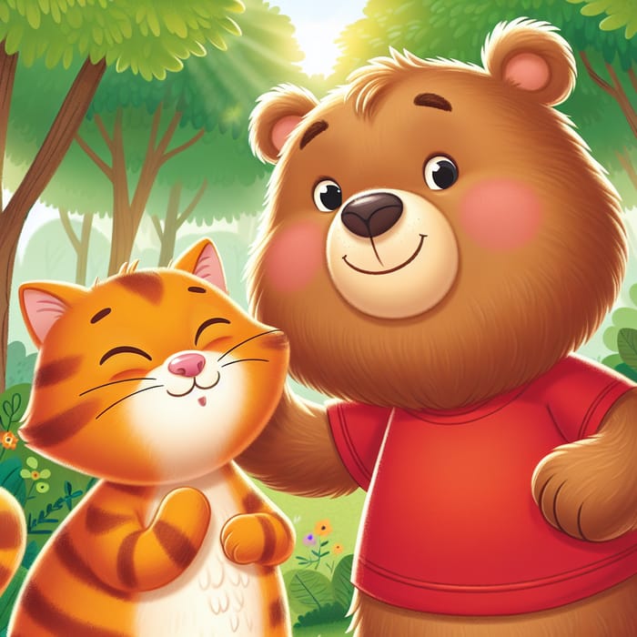 Cute Bear Lovingly Kisses Lazy Cat in Sunlit Forest