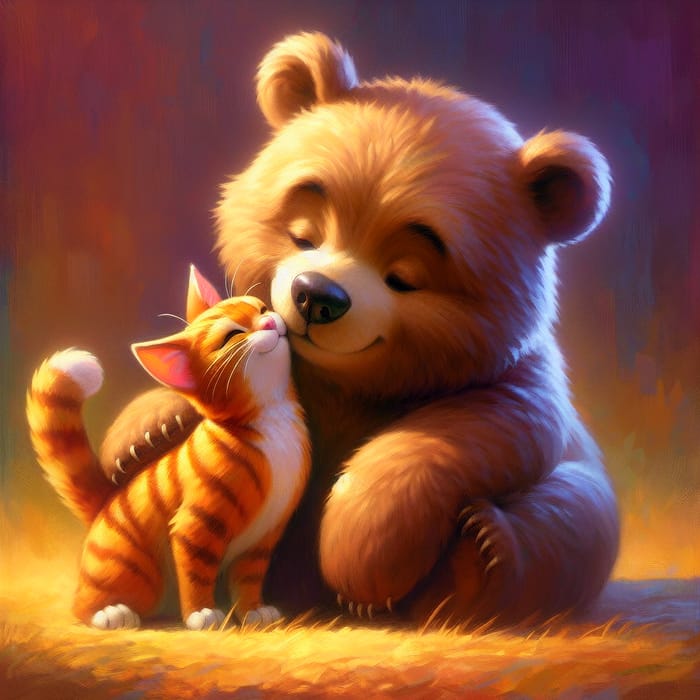 Heartwarming Bear and Cat Friendship | Vibrant Digital Painting