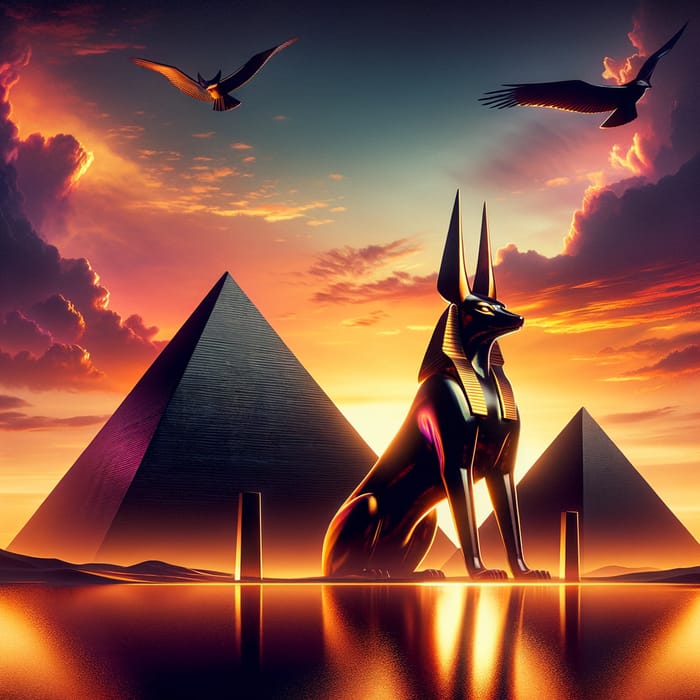 Golden Anubis and Black Pyramids Silhouette