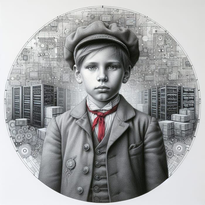 Intricate Sketch of Russian Pioneer Boy with Technological Background