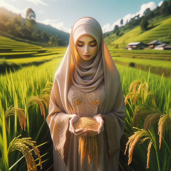 Muslim Woman in Rice Field Holding Golden Grains