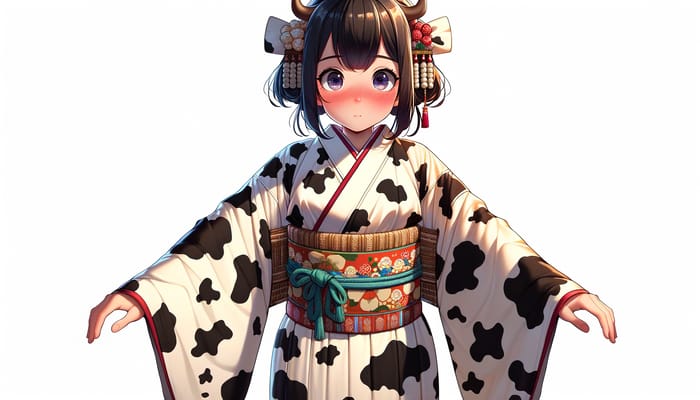 Vibrant Cow-Print Outfit Art: Lively Girl Blushing Happily