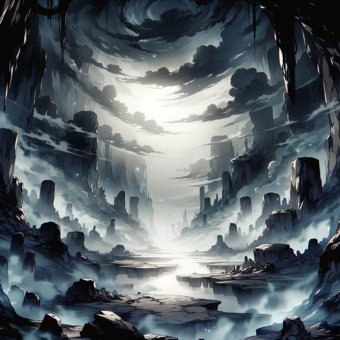 Misty Anime Underworld Scene: Dark, Gloomy, Eerie
