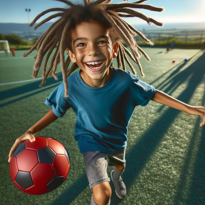 Energetic South Asian Boy with Dreadlocks Playing Soccer Outdoors
