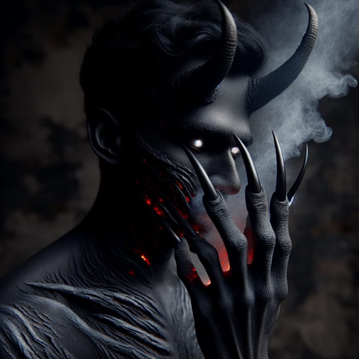 Enigmatic Man: Charcoal Skin, Red Embers, and Glowing Horns