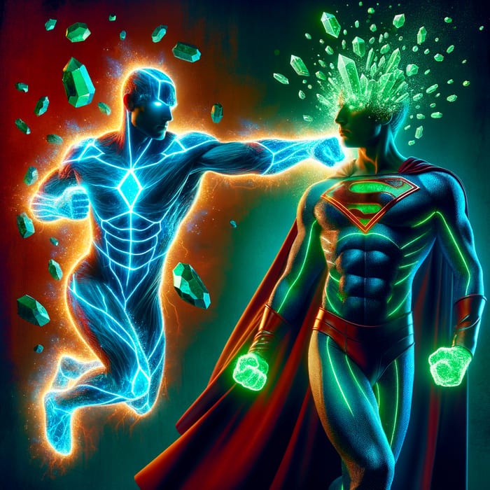 Neon Superhero Punching Classic Superhero with Kryptonite Hand