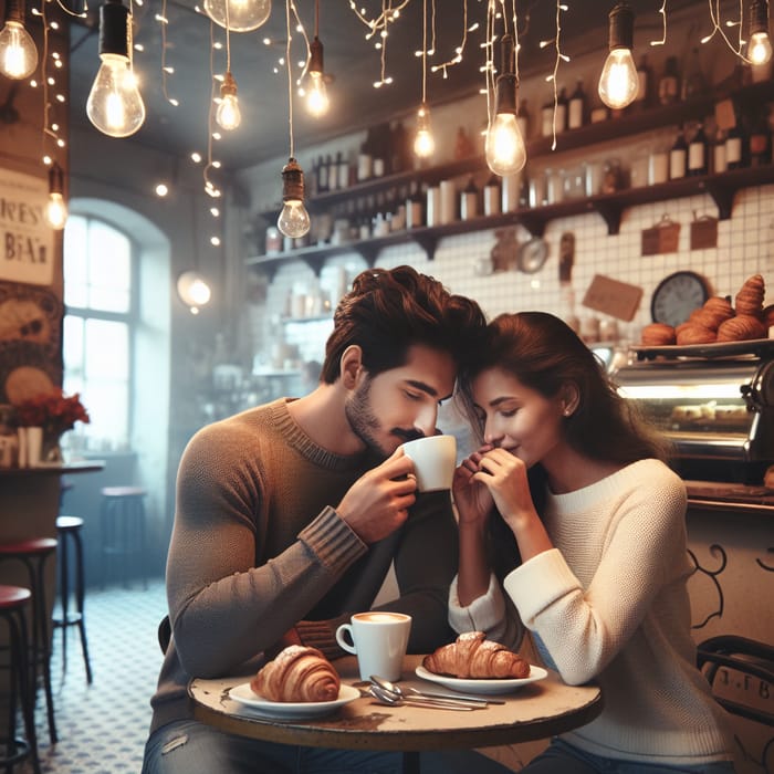 Romantic Café Date: Couple Enjoying Coffee and Croissant