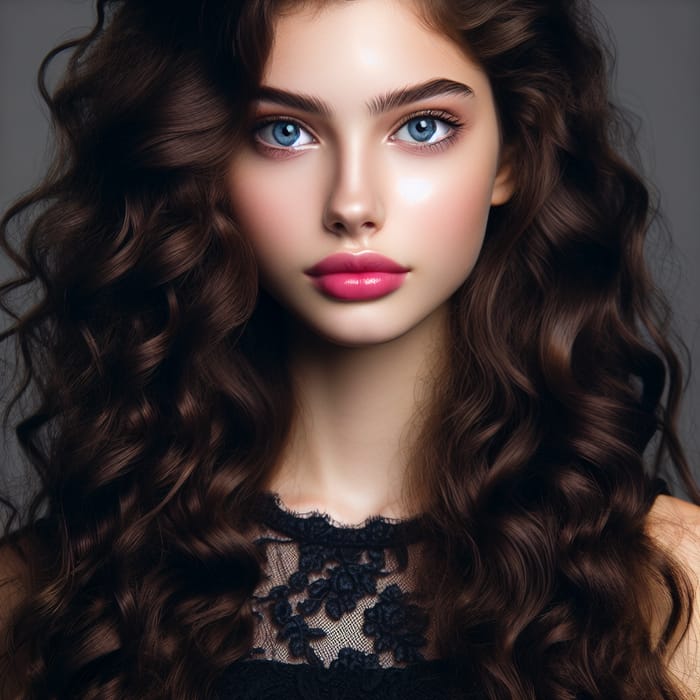 Striking Young Brunette with Long Curls and Dark Blue Eyes