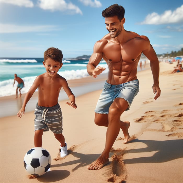 Muscular Dad and Son Soccer Play on the Beach