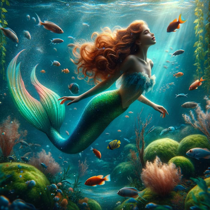 Enchanting Little Mermaid Swimming with Tropical Fish