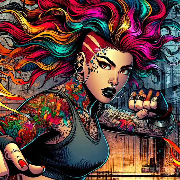 Defiant Cyberpunk Woman: Vibrant Hair & Intricate Tattoos