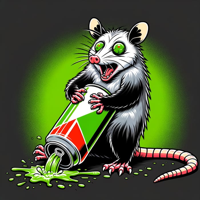 Humorous Possum Overdose Caricature | Green & Red Dew Can